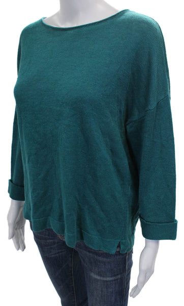 Eileen Fisher Womens Pullover Sweater Boat Neck Linen Green 3/4 Sleeve Size M