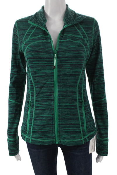 Lululemon Womens Track Jacket Green Striped Turtleneck Zip Viscose Size 8
