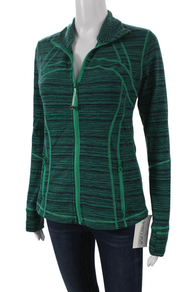 Lululemon Womens Track Jacket Green Striped Turtleneck Zip Viscose Size 8