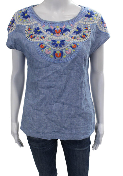Boden Womens Basic Floral Linen Round Neck Short Sleeve Blouse Blue Size 4