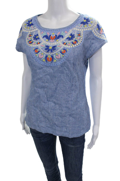 Boden Womens Basic Floral Linen Round Neck Short Sleeve Blouse Blue Size 4