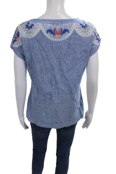 Boden Womens Basic Floral Linen Round Neck Short Sleeve Blouse Blue Size 4