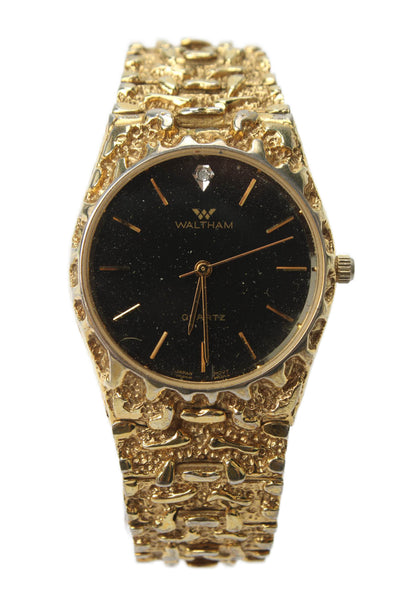Waltham Mens Vintage Gold Tone S. Steel Diamond Accent Nugget Quartz Watch 32mm