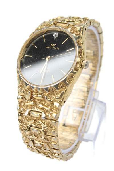 Waltham Mens Vintage Gold Tone S. Steel Diamond Accent Nugget Quartz Watch 32mm
