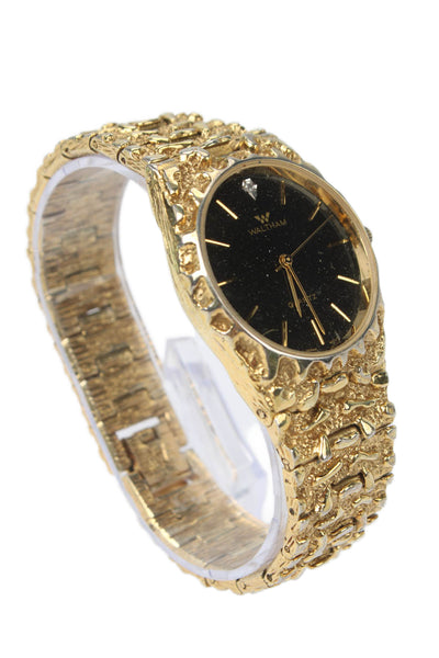 Waltham Mens Vintage Gold Tone S. Steel Diamond Accent Nugget Quartz Watch 32mm