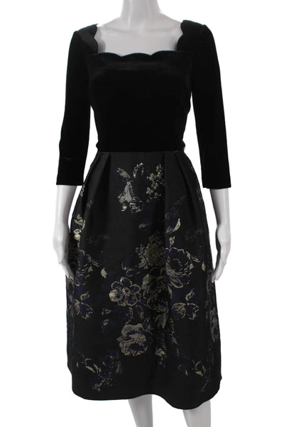 Teri Jon Womens Fit & Flare Dress Black Square Neck 3/4 Sleeve Midcalf Size 4