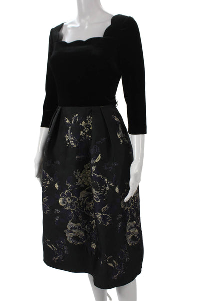 Teri Jon Womens Fit & Flare Dress Black Square Neck 3/4 Sleeve Midcalf Size 4