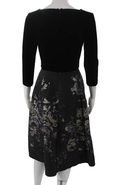 Teri Jon Womens Fit & Flare Dress Black Square Neck 3/4 Sleeve Midcalf Size 4
