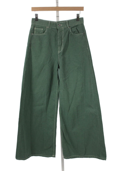 Trf Collection Zara Womens Wide Leg Green Cotton Jeans Button Size 40
