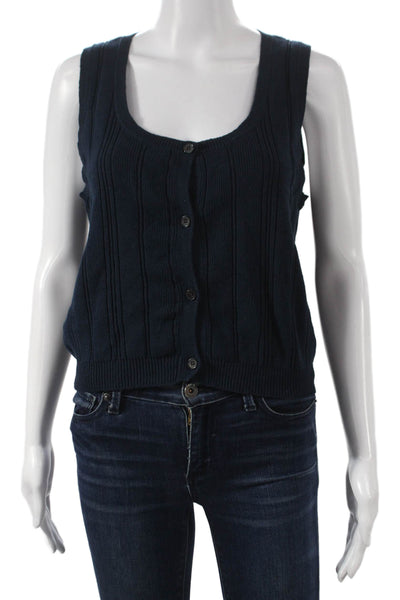 Demylee Women Sleeveless Scoop Neck Vest Blue Cotton Linen Size M