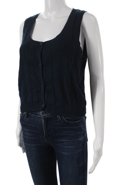 Demylee Women Sleeveless Scoop Neck Vest Blue Cotton Linen Size M