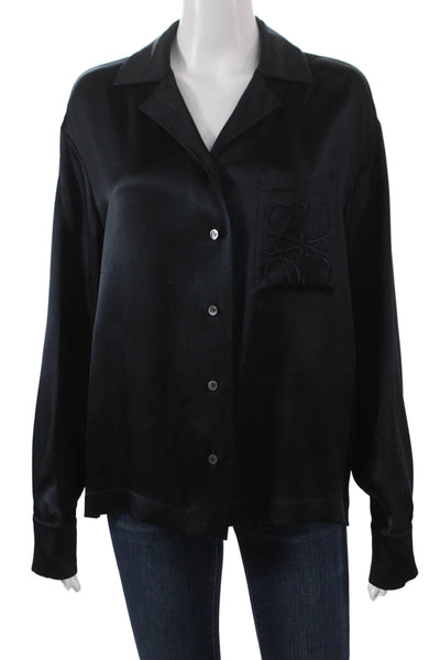 Loewe Womens Silk Collared Button-Up Blouse Black Long Sleeve Basic Size S