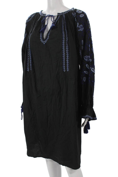 Ne Quittez Pas Womens Shift Dress Black Floral V-Neck Long Sleeve Cotton Size S