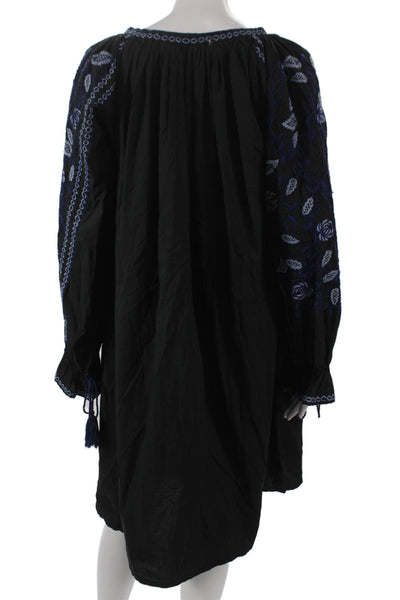 Ne Quittez Pas Womens Shift Dress Black Floral V-Neck Long Sleeve Cotton Size S
