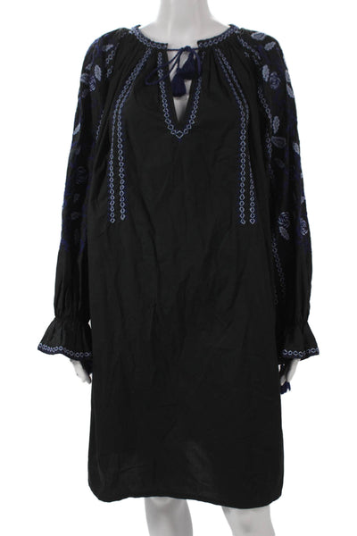 Ne Quittez Pas Women Shift Dress Black V-Neck Long Sleeve Floral Size S