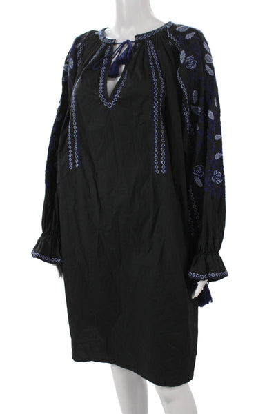 Ne Quittez Pas Women Shift Dress Black V-Neck Long Sleeve Floral Size S