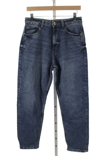 Zara Women Tapered Jeans High Rise Blue Cotton Button Closure Size 8