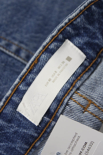 Zara Women Mom Jeans Blue Cotton High Rise Button Inseam 26 Size 8