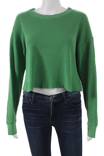 Monrow Womens Cropped Long Sleeve T Shirt Green Cotton Round Neck Size M