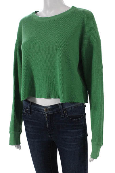 Monrow Womens Cropped Long Sleeve T Shirt Green Cotton Round Neck Size M