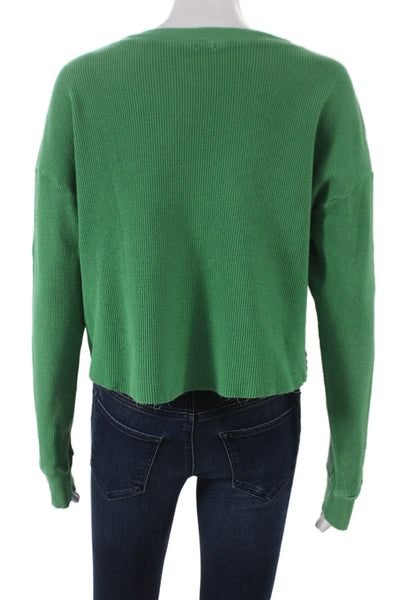 Monrow Womens Cropped Long Sleeve T Shirt Green Cotton Round Neck Size M