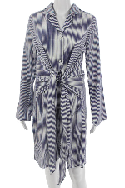 Aeryne Women Blue Striped Cotton Shirt Dress Long Sleeve Collared Size L