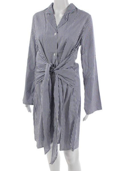 Aeryne Women Blue Striped Cotton Shirt Dress Long Sleeve Collared Size L