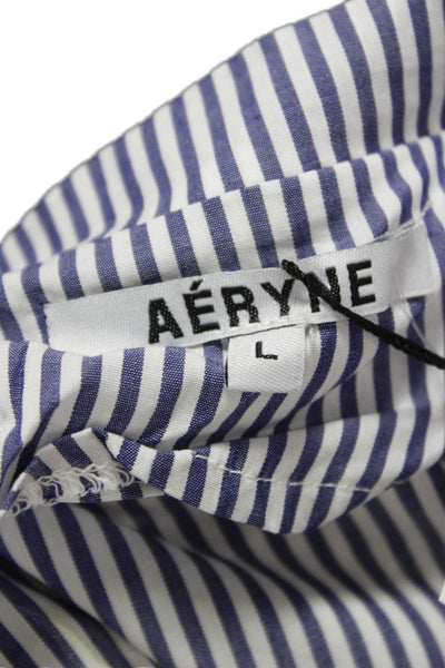 Aeryne Women Blue Striped Cotton Shirt Dress Long Sleeve Collared Size L