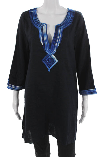 Calypso Saint Barth Womens V-Neck Linen Tunic Black 3/4 Sleeve Size L
