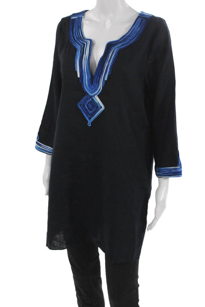 Calypso Saint Barth Womens V-Neck Linen Tunic Black 3/4 Sleeve Size L