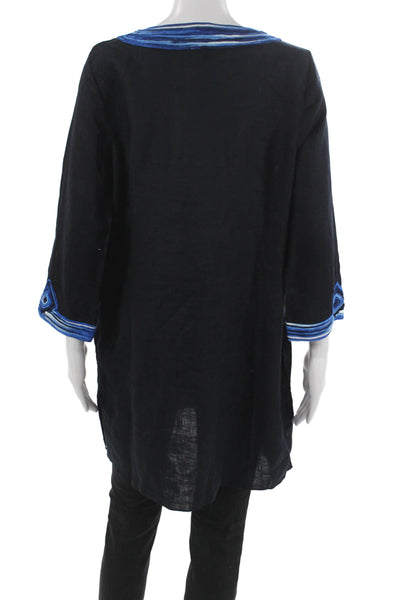Calypso Saint Barth Womens V-Neck Linen Tunic Black 3/4 Sleeve Size L