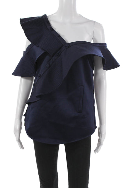 Self Portrait Women Tunic Off the Shoulder Blue Short Sleeve Button Size 6