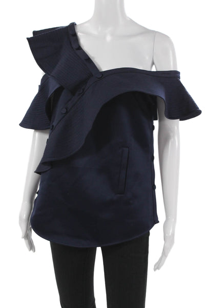 Self Portrait Women Tunic Off the Shoulder Blue Short Sleeve Button Size 6