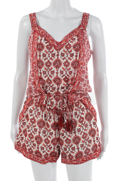 Joie Womens Silk Floral V-Neck Sleeveless Romper Red Drawstring Size S