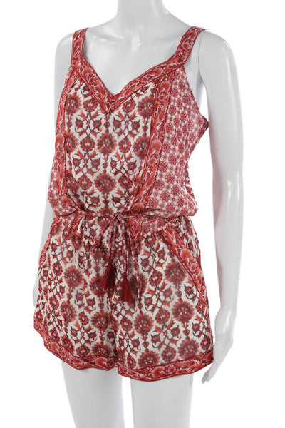 Joie Womens Silk Floral V-Neck Sleeveless Romper Red Drawstring Size S