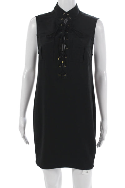 Haute Hippie Womens Shift Dress Black Collared Lace Up Sleeveless Size XS