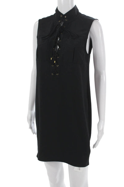Haute Hippie Womens Shift Dress Black Collared Lace Up Sleeveless Size XS