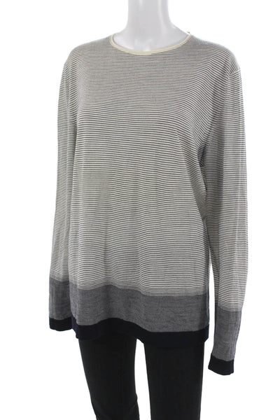 Theory Womens Ivory Wool Striped Crew Neck Pullover Sweater Long Sleeve Size L