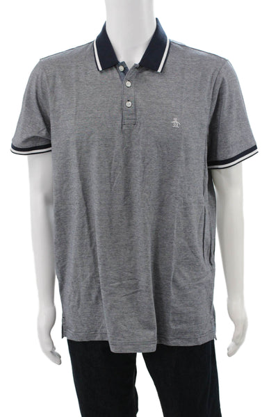 Penguin Mens Striped Collared Short Sleeve Polo Shirt Gray Size L