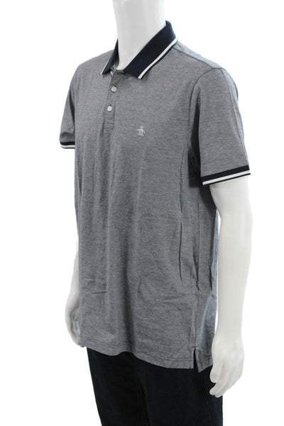 Penguin Mens Striped Collared Short Sleeve Polo Shirt Gray Size L