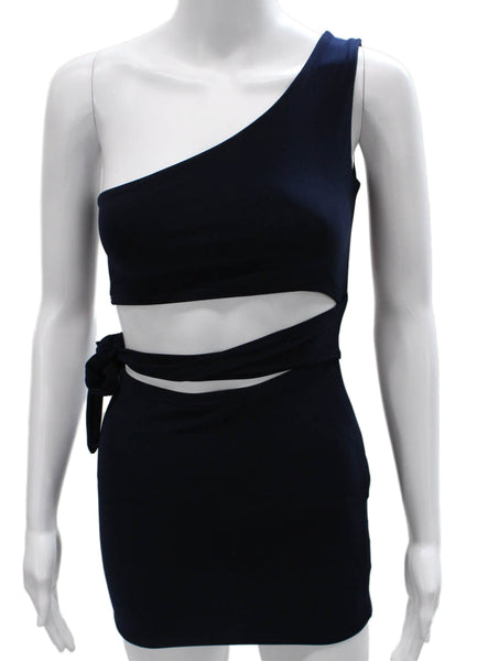 Cheryl Creations Womens One Shoulder Knit Cut Out Mini Dress Navy Size Medium