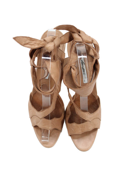Brian Atwood Womens Leather Ankle Tie Detail Heels Beige Size 10