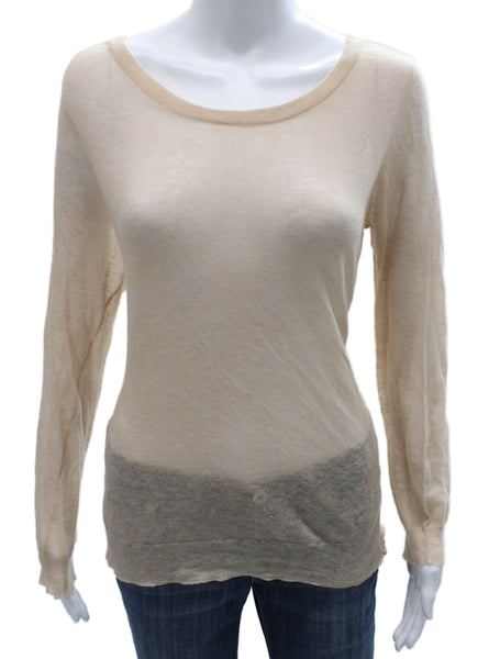Joie Women Basic T-Shirt Beige Long Sleeve Round Neck Polyester Size M