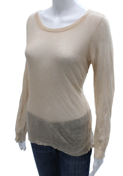 Joie Women Basic T-Shirt Beige Long Sleeve Round Neck Polyester Size M