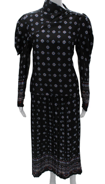 Erdem Womens Abstract Print Blouse Pleated A Line Skirt Set Black Size 8