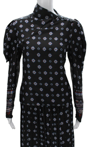 Erdem Womens Abstract Print Blouse Pleated A Line Skirt Set Black Size 8