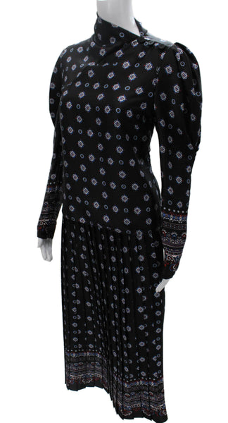 Erdem Womens Abstract Print Blouse Pleated A Line Skirt Set Black Size 8