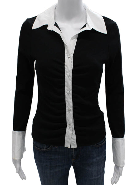 Cinq A Sept Women Black Collared Cotton Long Sleeve Button-Up Top Size S