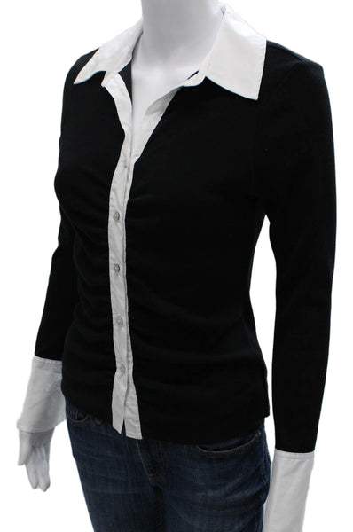 Cinq A Sept Women Black Collared Cotton Long Sleeve Button-Up Top Size S