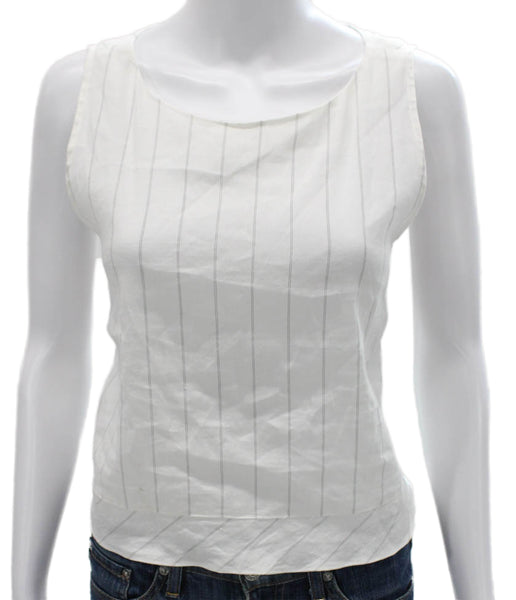 Amannna Women White Striped Scoop Neck Sleeveless Tank Top Linen Size S